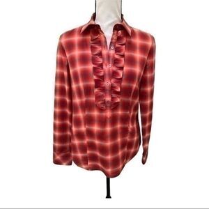 Talbots Red Plaid Ruffle Chest Blouse Cotton size 2